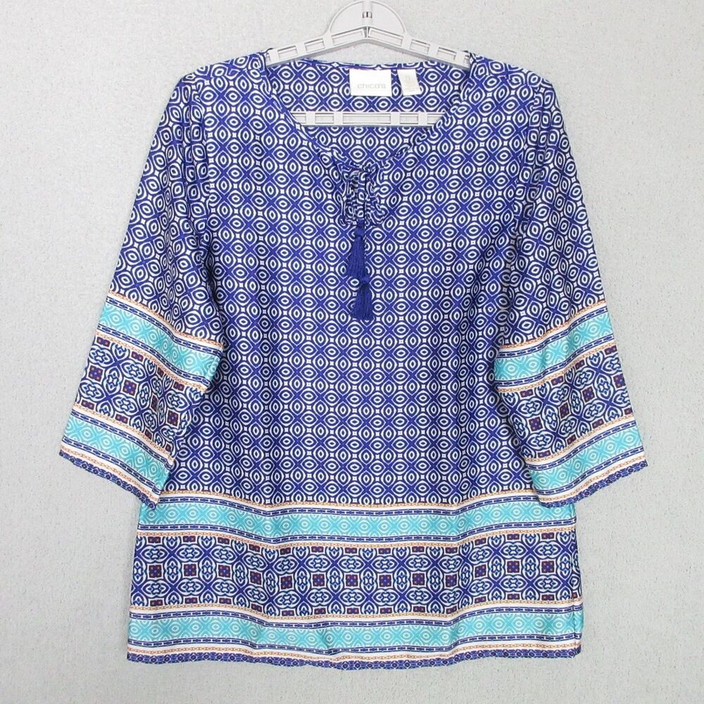 Chicos Tunic Womens 0 (S) Blue Geo Print 3/4 Sleeve Tassel Tie Polyester Casual - Picture 1 of 9